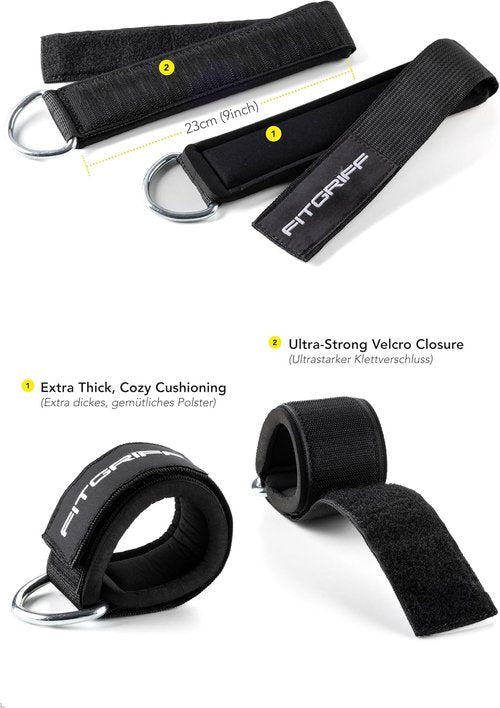 Fitgriff® Ankle Straps V2 for Cable Machine - Leg Pulley Attachment for Effective Kickbacks | 2 Pieces