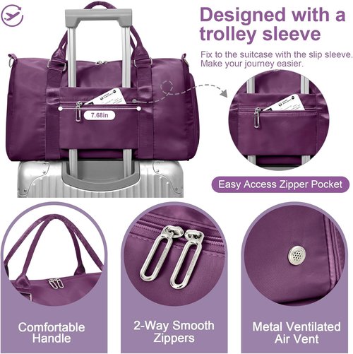 FIORETTO Women's Gym Tote Duffle Bag - Wet Pocket & Shoe Compartment | Dark Purple Sports Bag for Travel & Workouts