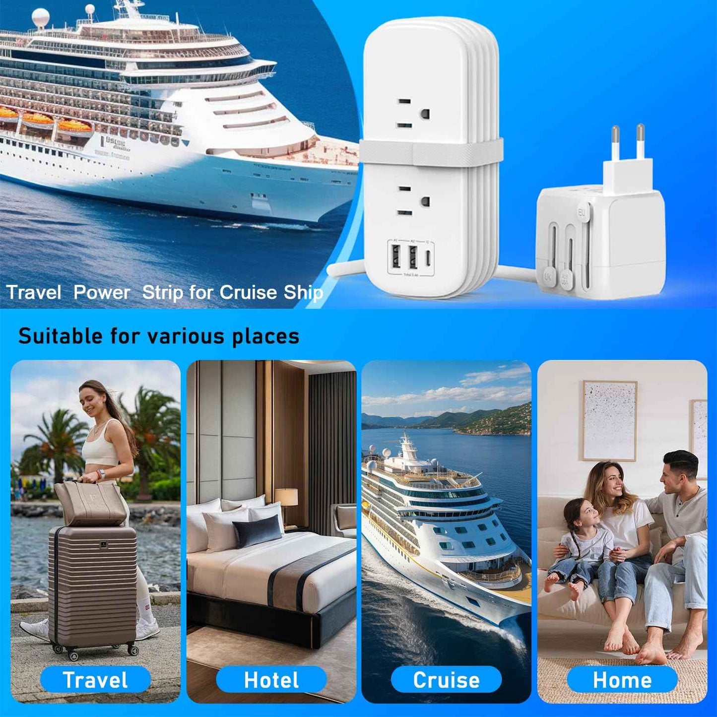 SAUNORCH Universal Travel Adapter Power Strip: 2 AC Outlets, 3 USB Ports, 6ft Cord - US to EU/UK/AU/China Worldwide Converter