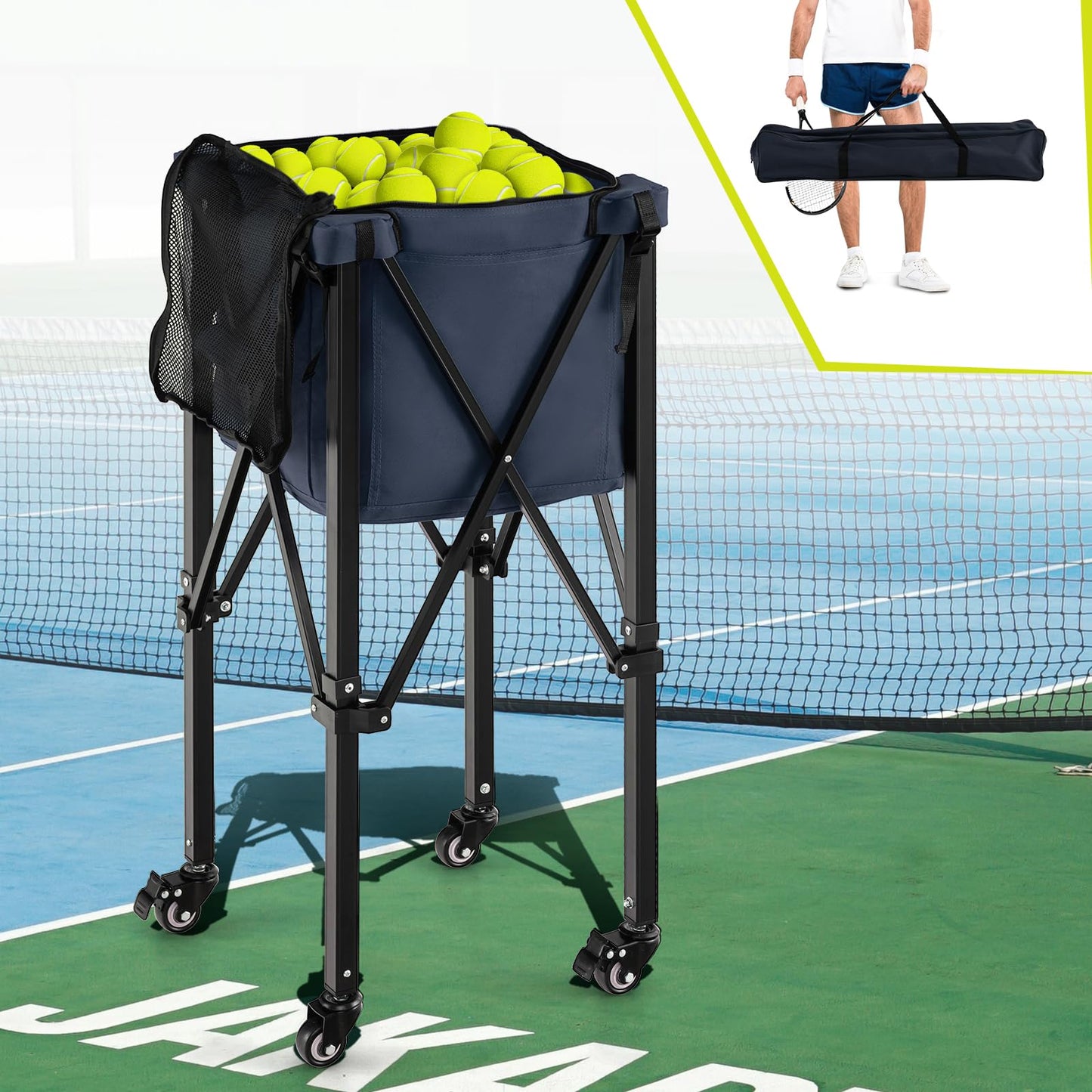 SPORFIT Tennis Ball Hopper Cart with Wheels, Portable Tennis Ball Basket Holds 150 Balls, Collapsible Aluminum Tennis Basket for Balls Pickup, Pro Sports Teaching Cart for Tennis Pickleball Baseball