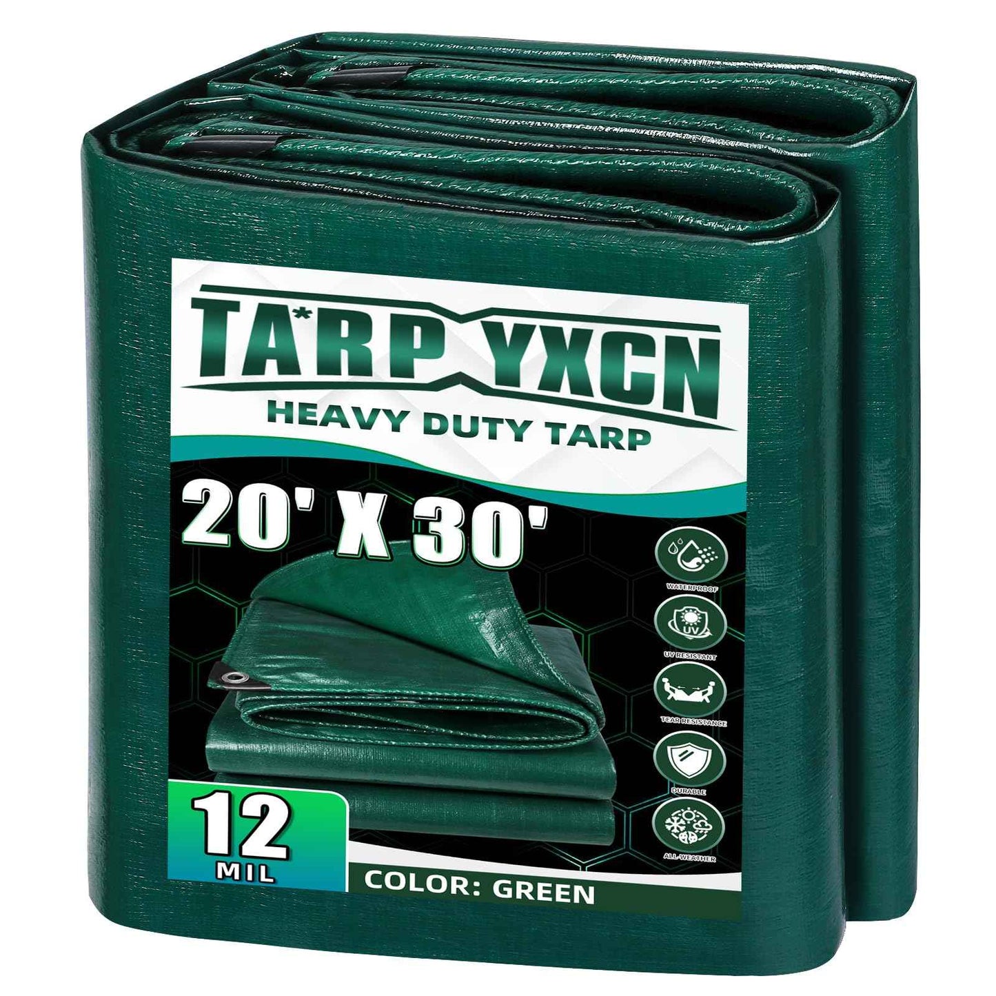 TA*RP YXCN Green Heavy Duty Tarp 20x30 Feet, 12 Mil Thick Waterproof Poly Tarps Cover UV Resistant, Rip & Tear Proof with Metal Grommets Every 20 Inche