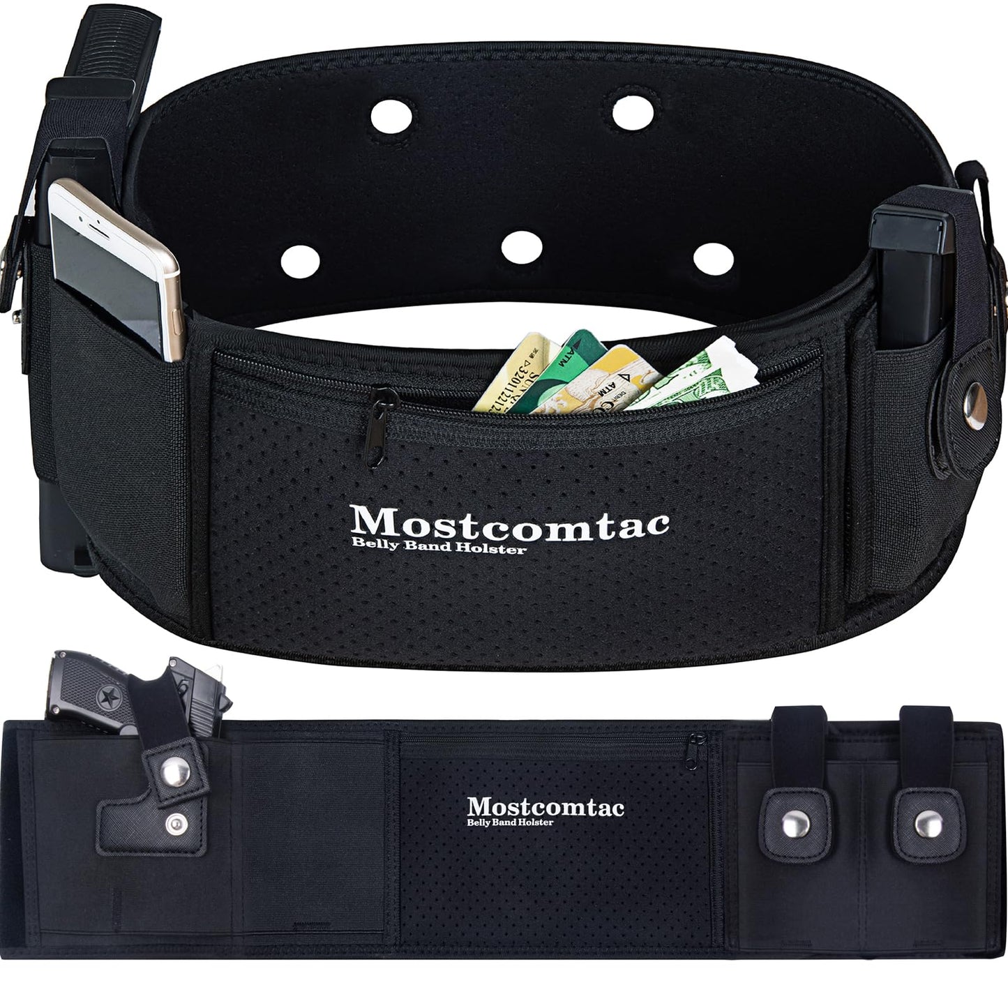 Mostcomtac Belly Band Holster for Men & Women - Breathable Neoprene Gun Holster, Multi - Pocket Tactical Belt for Outdoors, Fits G17-43x, Taurus G3C, G2C and Most 9mm and 383 Handguns（R-L）