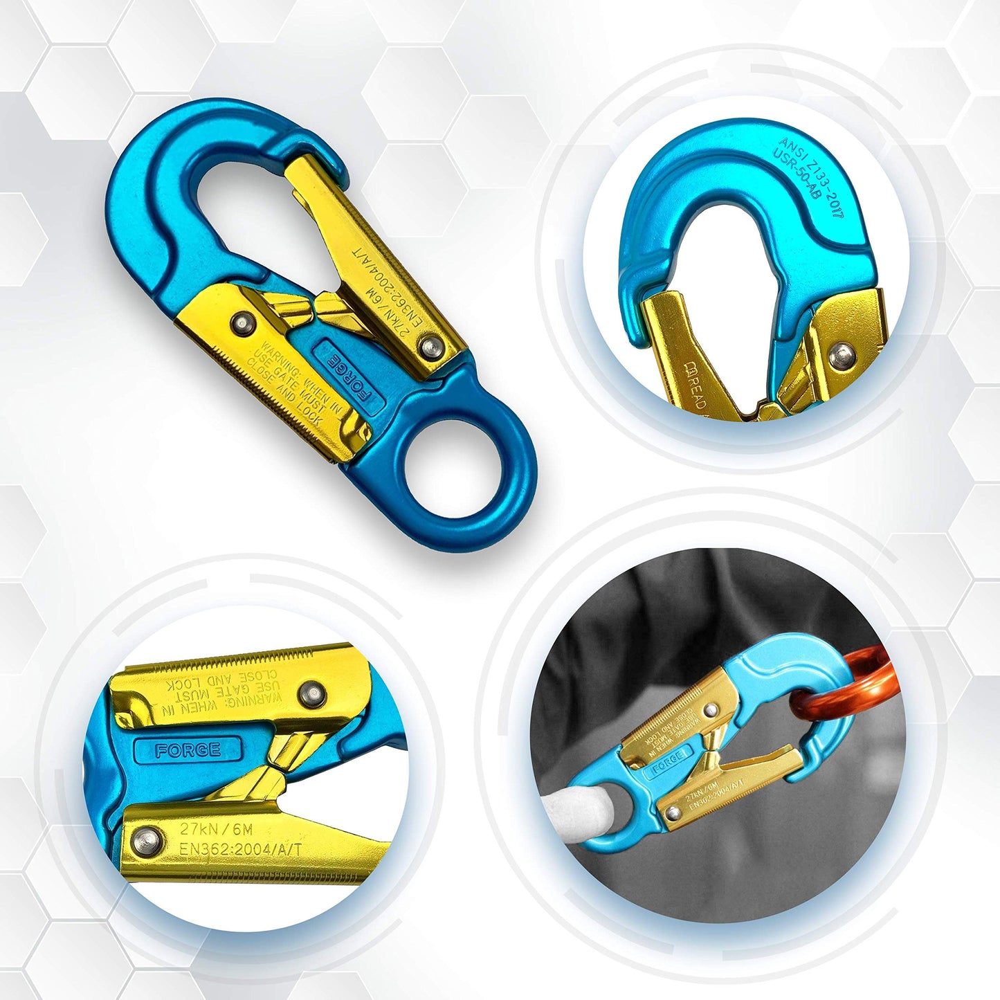 ProClimb Forged Aluminum Snaphook - Double Action Self Locking Gate, Captive Eye 27 kN - Blue- Carabiner Snaphook- Self Locking Snap Hook- Aluminum Hardware