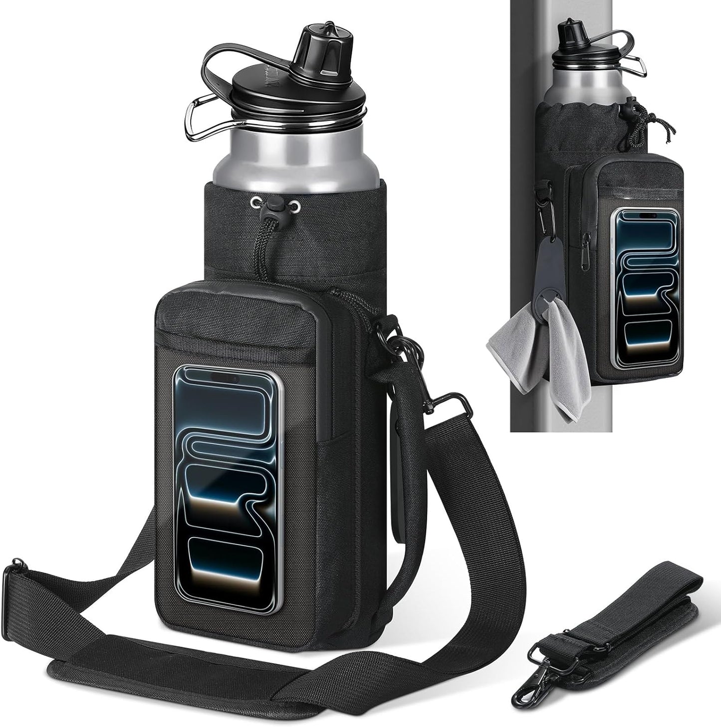 MoKo Magnetic Gym Bag - Water Bottle Holder with Clear Phone Pouch | 4 Built-in Magnets, Black
