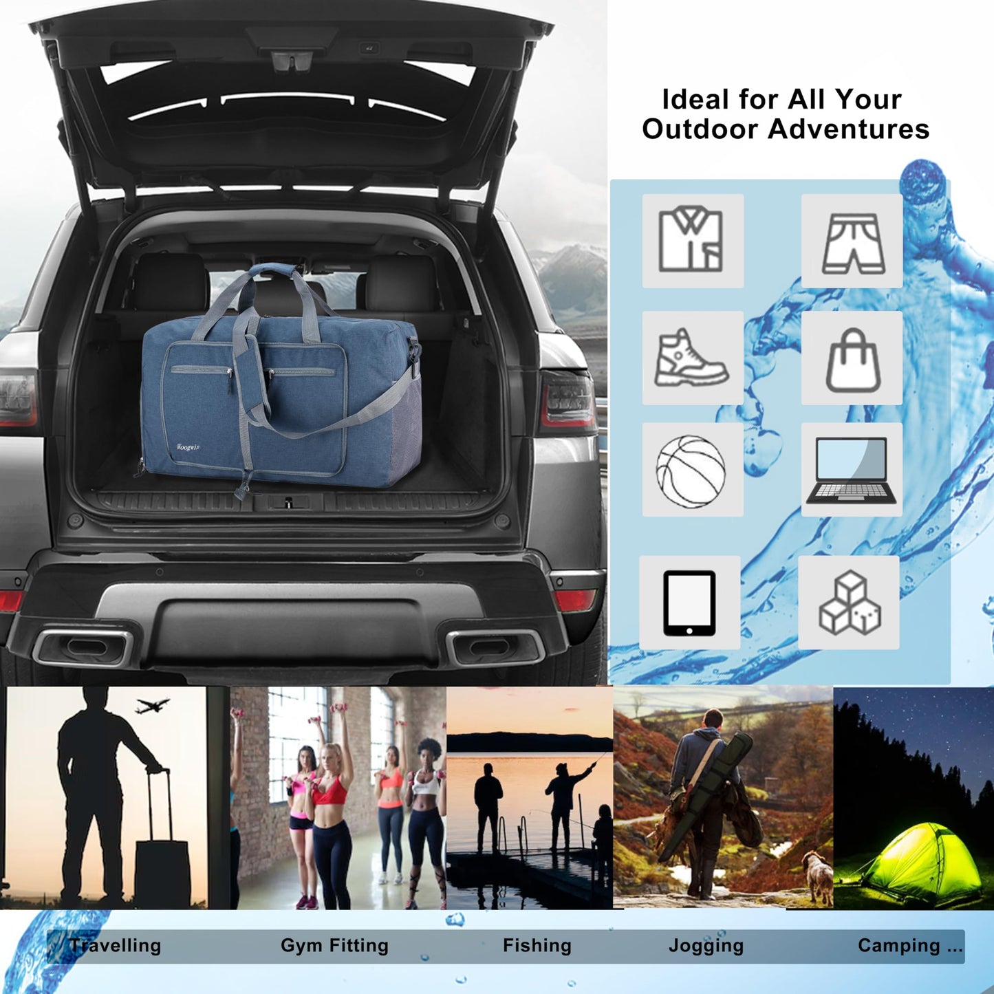 Woogwin Travel Duffel Bag Large Foldable Waterproof Overnight Bag for Beach Swim Bags Pool Sports Gym (60L SnowDarkblue)