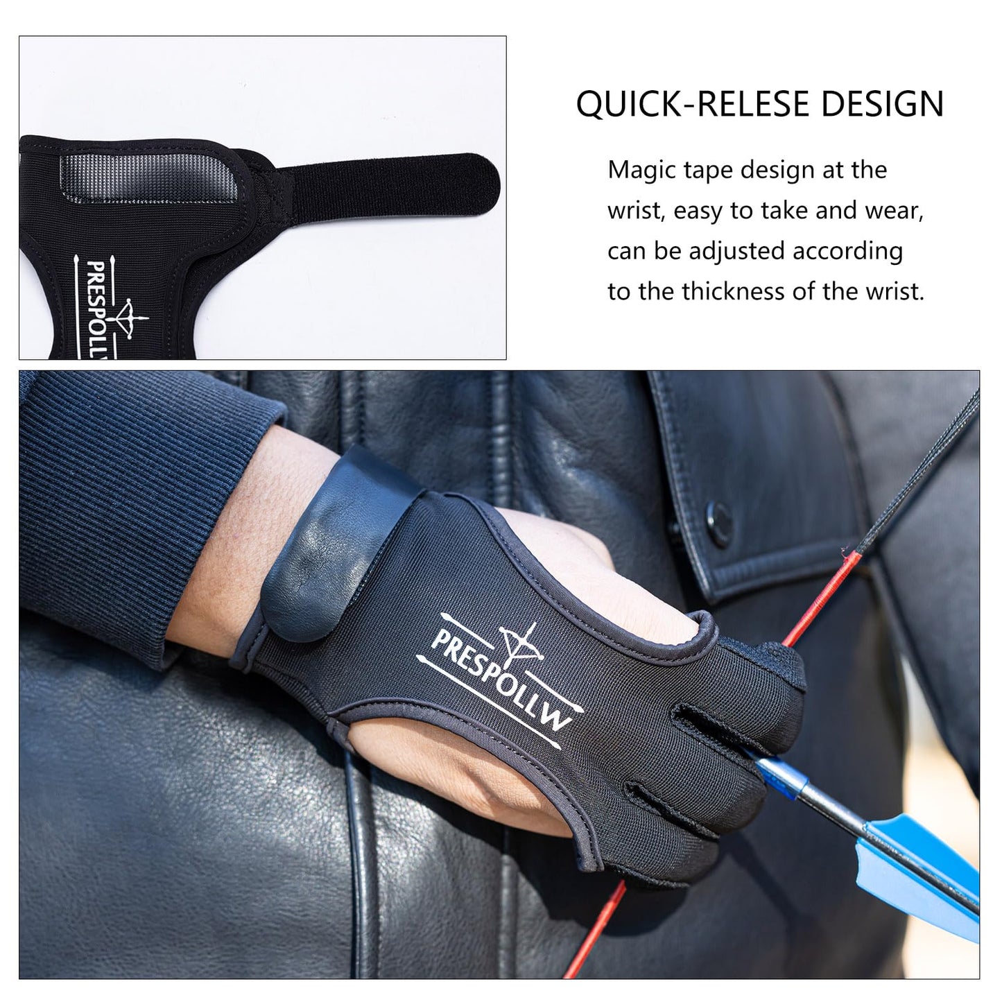 Prespollw Archery Glove Three-Finger Guard – Protective Shooting Glove for Men & Women, Ideal for Recurve & Compound Bow Hunting and Target Practice (Large)