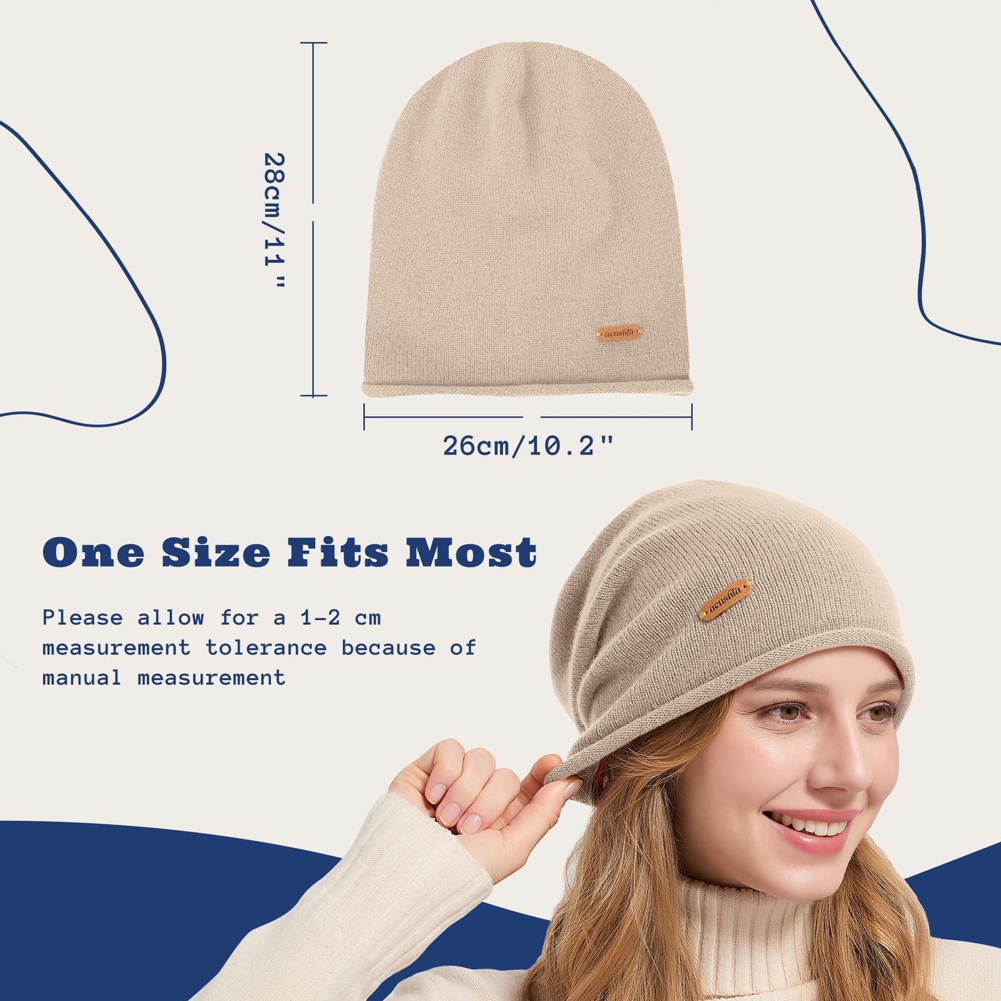 ACUSHLA 100% Merino Wool Slouchy Beanie for Women & Men Knit Winter Hat Unisex Warm Skull Cap for Cold Weather, Light Beige