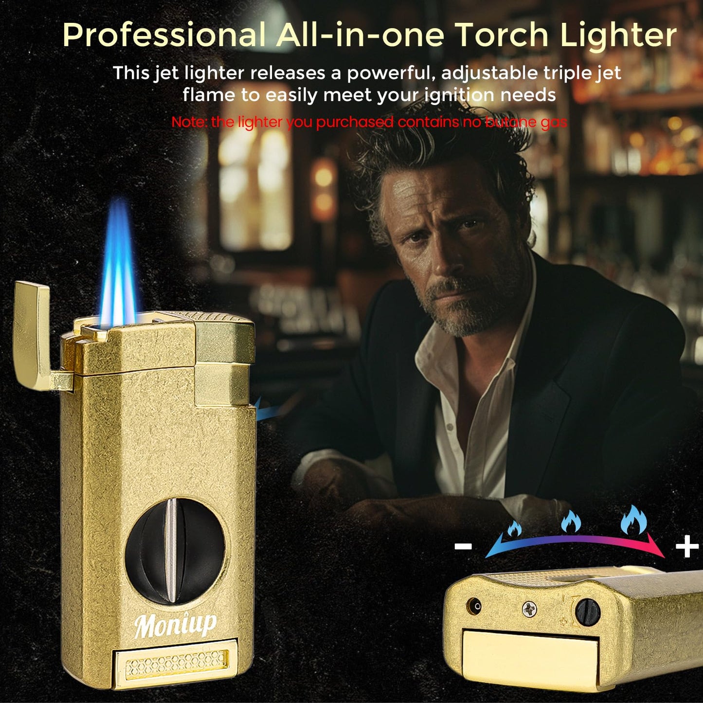 All-in-one Torch Lighter with 3 Jet Flames, Built-in V Cutter, Holder, Draw Enhancer, Multi-Functional Lighter & Accessories Gift Set for Men, Butane Refillable Lighter for Candles, Travel, Outdoors