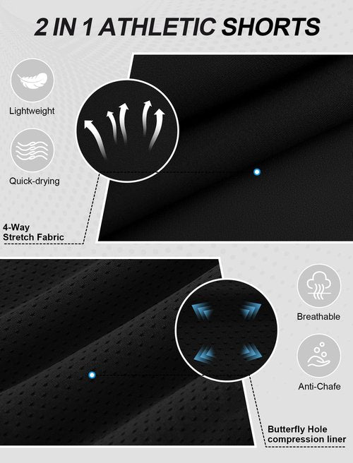 veepro Mens Gym Shorts 2 in 1 Workout Running Shorts 7 inch Quick Dry Lightweight Athletic Shorts with Compression Liner Zip Pocket Ultra Black L