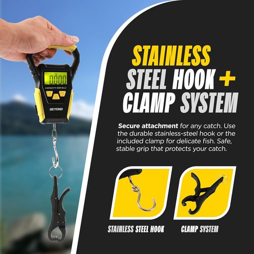 Beyond Fishing Digital Scale - Portable Fish Weigher with Built-in Tape Measure | LCD Display, Ergonomic Grip, 110lbs Capacity