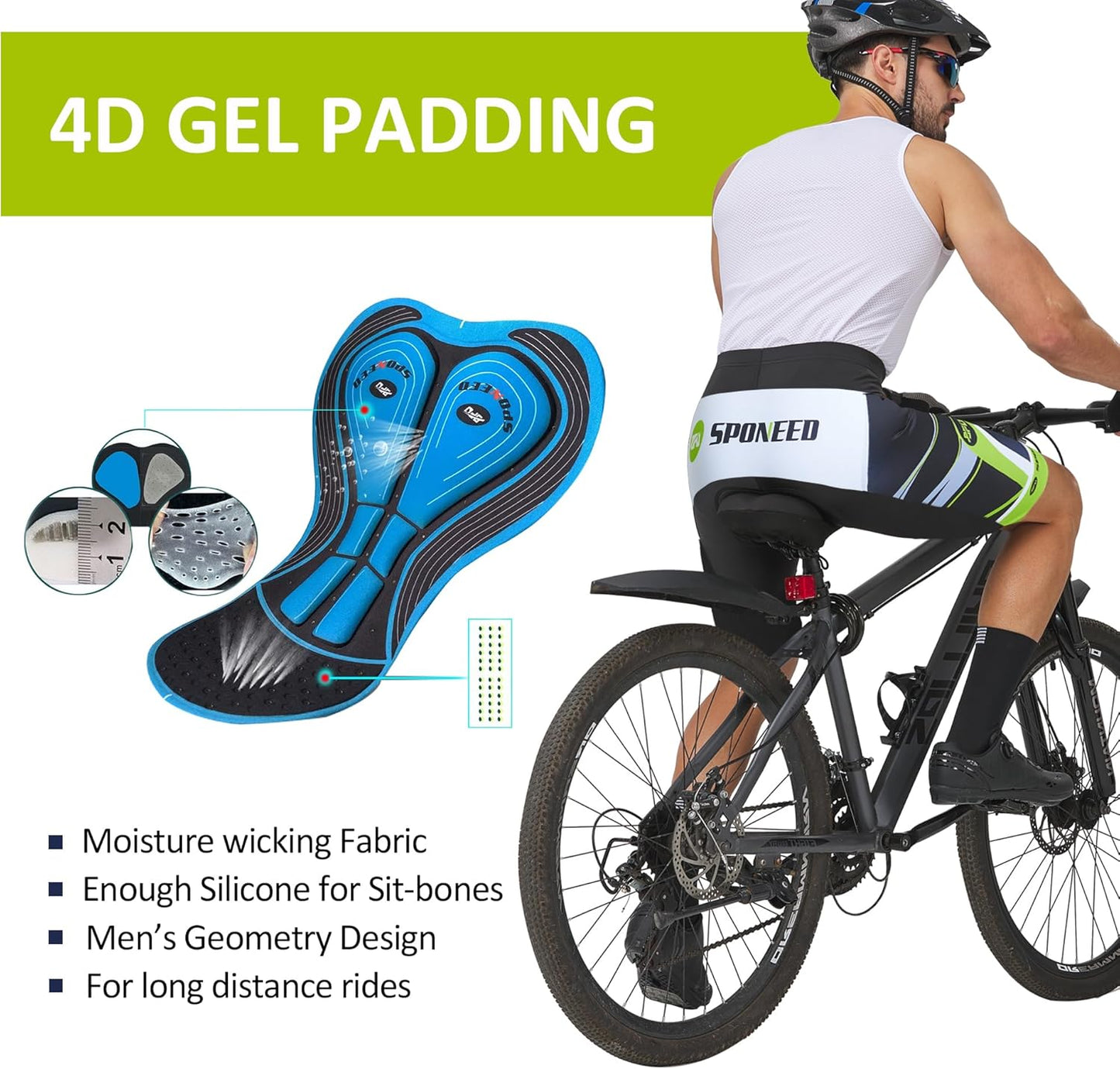 Sponeed Men's Cycling Shorts - Gel Padded Biking Pants for Comfortable Road Rides | Black