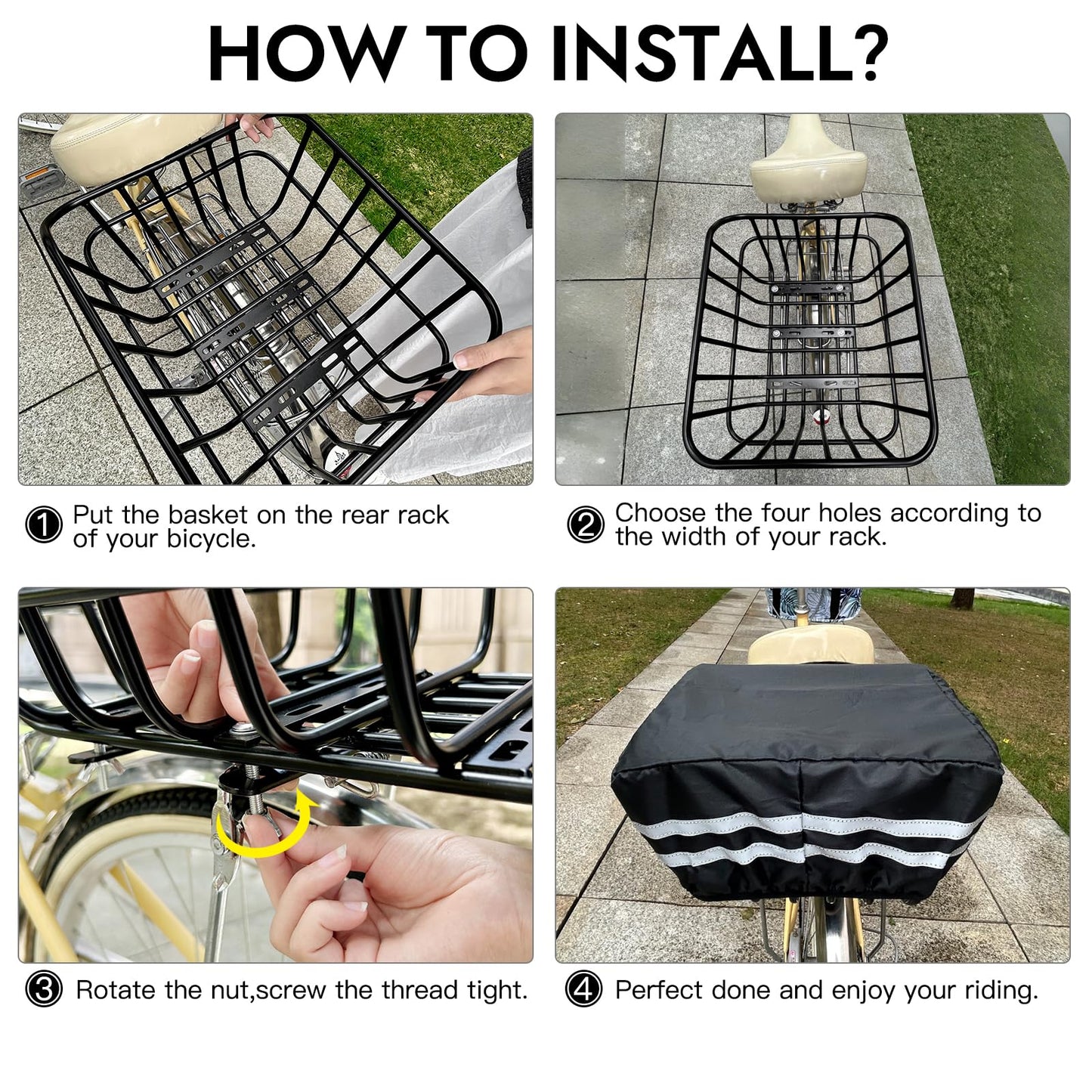 RAYMACE Bike Basket Rear with Cargo Net and High Reflectivity Waterproof Cover,Bicycle Baskets for Adult Bikes,Easy to Install and Large Capacity Bike Accessories