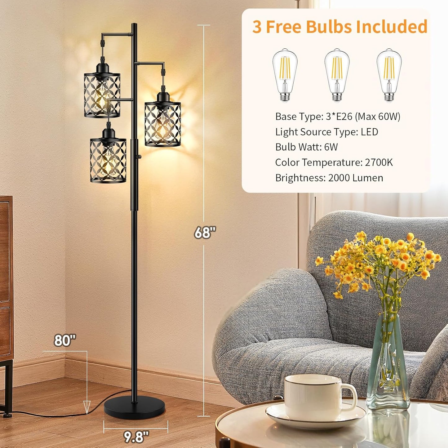 Industrial Farmhouse Dimmable Floor Lamp - 68” Tall Standing Light with Metal Cage for Living Room, Bedroom, Office - 2000LM LED Bulbs Included