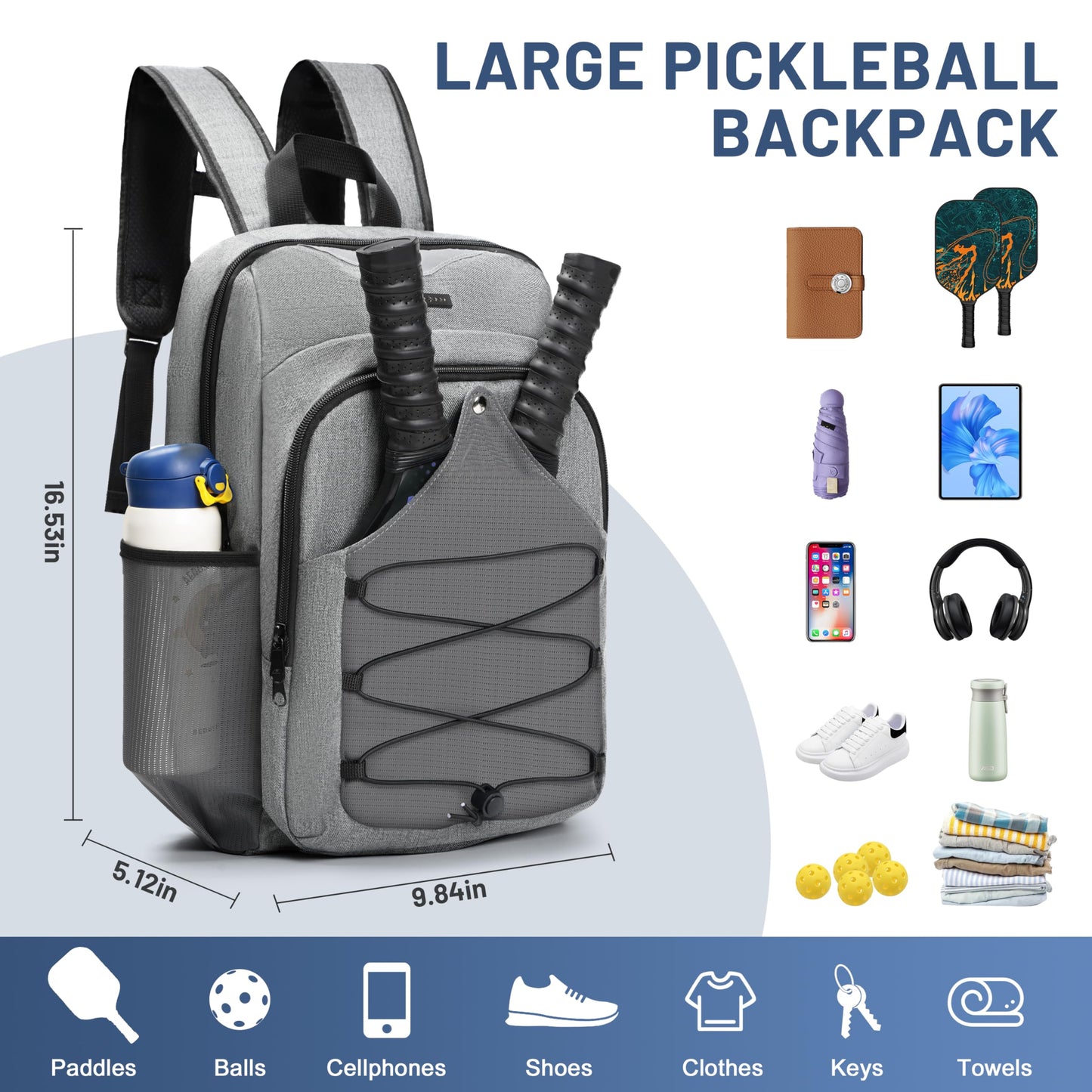 DerHutzucker Pickleball Bag - Men's & Women's Pickleball Backpack, Adjustable Sling Bag with Large Capacity/Safety Pocket Ventilated Racket Compartments, Gray