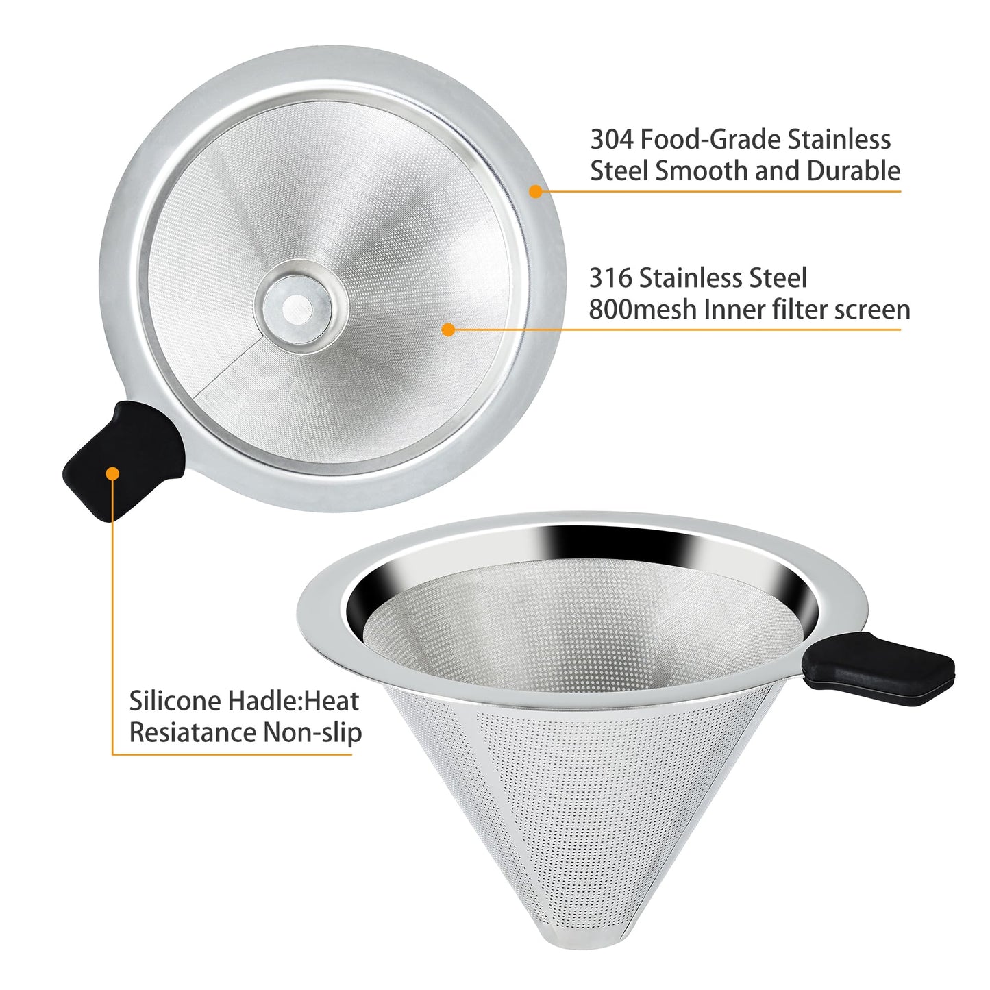 Pour Over Coffee Dripper Slow Drip Paperless Coffee Filter, Double Mesh Stainless Steel Pour Over Coffee Maker for Single Cup Brew Reusable Cone Filter, Coffee Drip Cone, Fine Mesh Strainer(5-6 Cup)