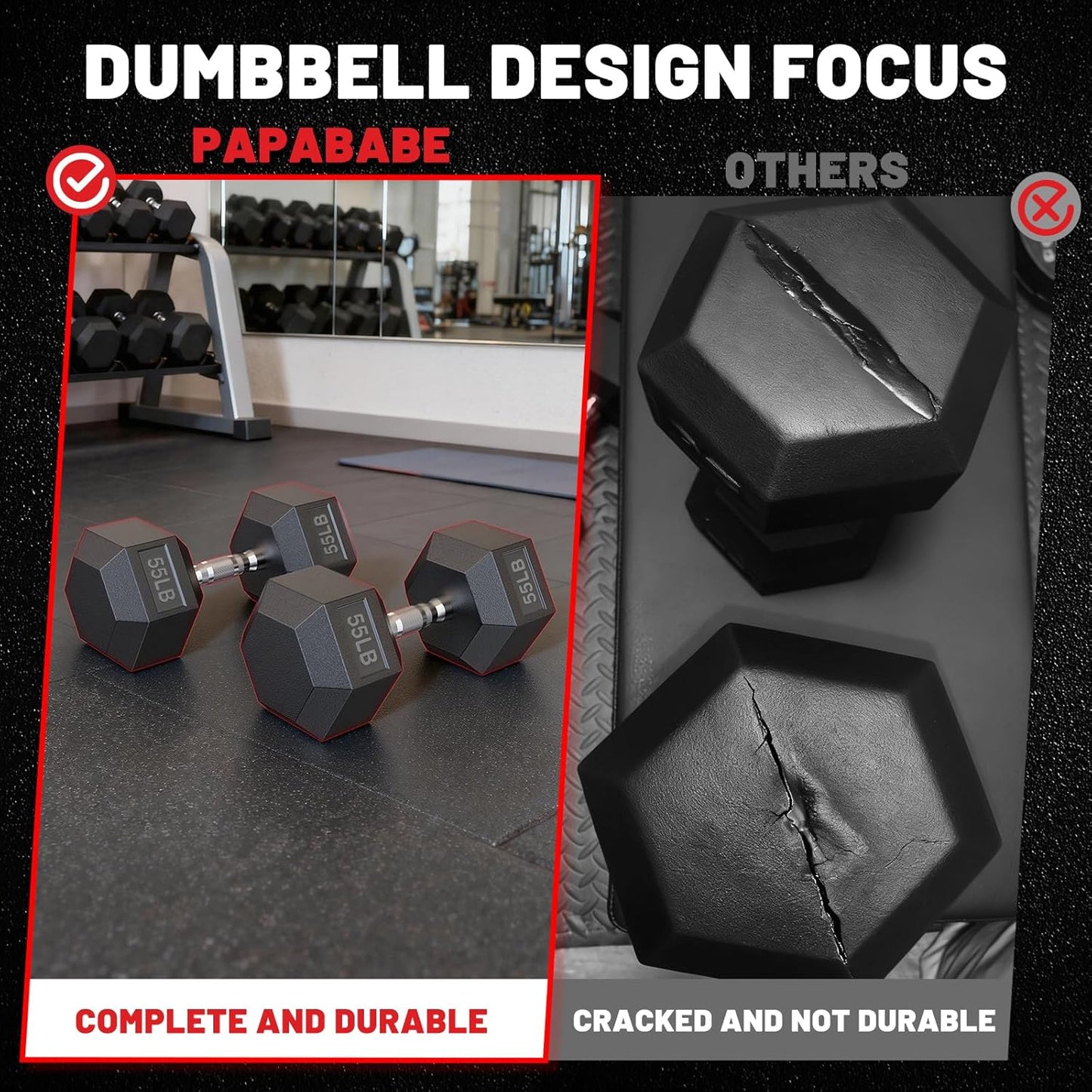 PAPABABE HEX Dumbbell Set | 2.5-125lb Rubber Encased Weights for Home Gym & Strength Training