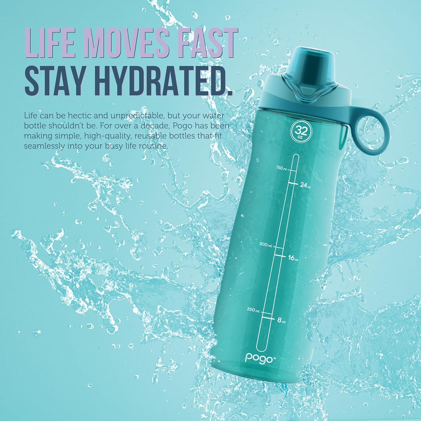 Pogo Water Bottle - Reusable BPA-Free Plastic with Chug Lid & Carry Handle | 18oz, 32oz, 40oz, 64oz