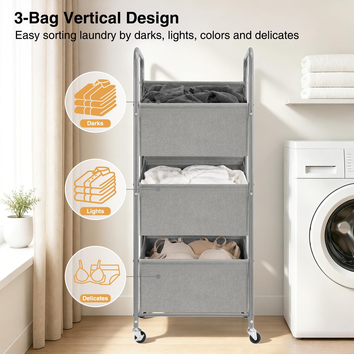 STO STO 3-Tier Vertical Rolling Laundry Hamper, Removable Bags, Gray Faric