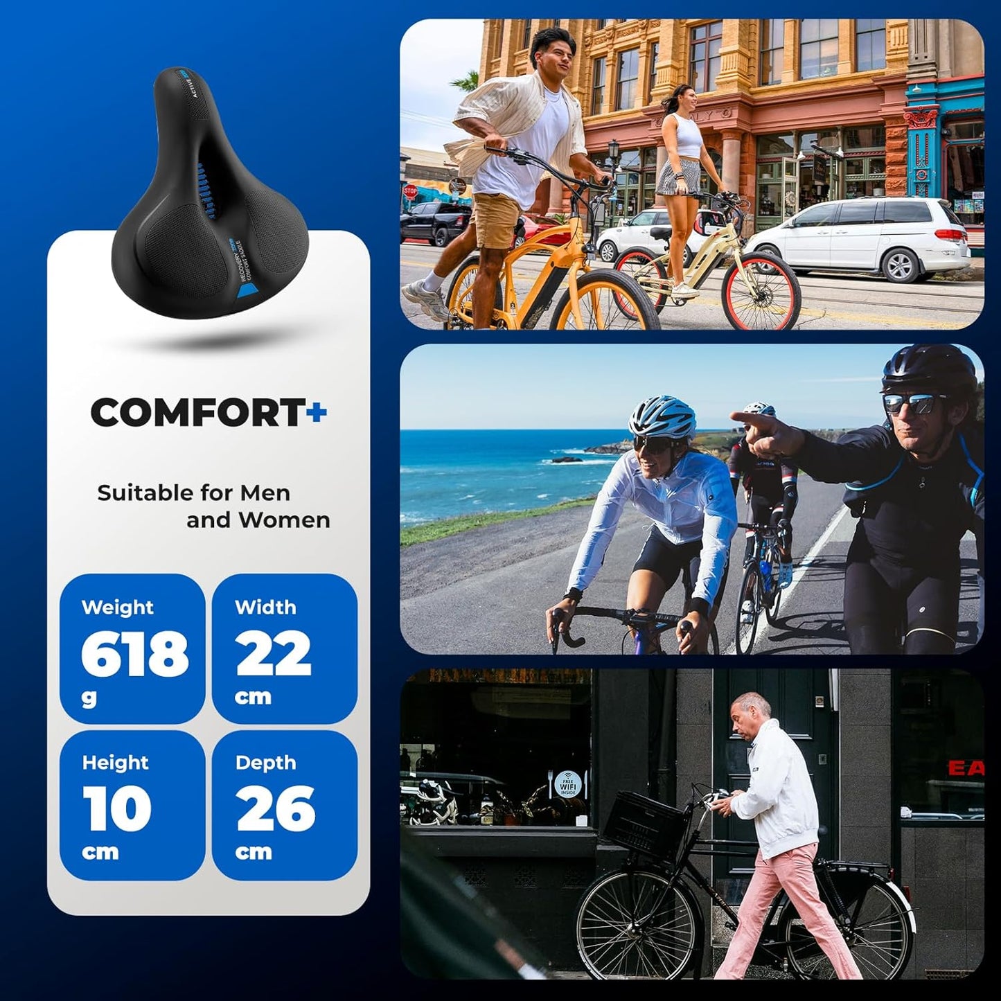 ROCKBROS Bike Seat Cushion for Men Women with Dual Shock Absorbing Ball Memory Foam - Ergonomic Bike Saddle, Handle for Easy Transport Soft Wide Waterproof Exercise Bicycle Seat for Peloton, Road Bike