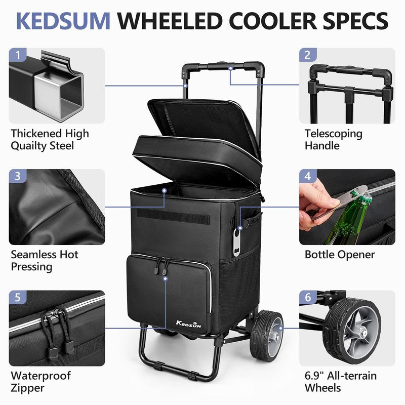 KEDSUM 84-Can Large Cooler with Wheels, Collapsible Wheeled Soft Sided Cooler with 7" Big Wheel, Ideal for Beach, Camping, Fishing & Road Trip, 20+ Hour Ice Retention & Anti-Tipping Design