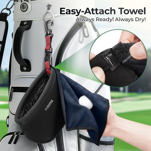 YOREPEK Golf Club Cleaner Bag with Towel, 360° Rotating Clip, Golf Ball Washer with Zipper Pocket, Valentines Day Golf Gifts for Him, Golf Bag Accessories for Men, Black
