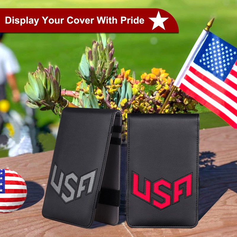 BIG TEETH Golf Scorecard Holder Yardage Book Cover USA Pattern Golf Accessories Leather Fit for Most Back Pocket (Red)