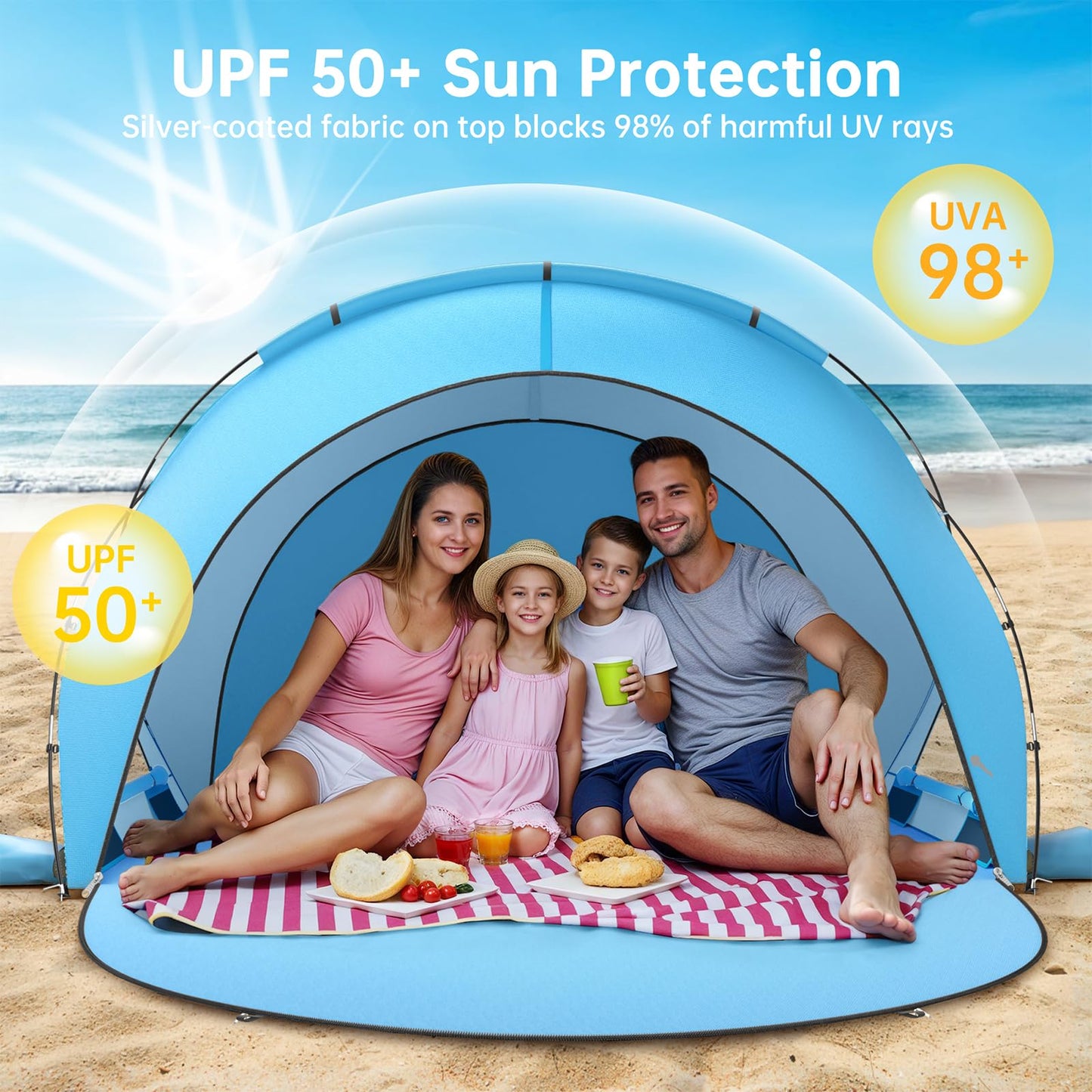 Raynesys Beach Tent Sun Shelter for Sand Camping Fishing, 1-4 Person, Blue