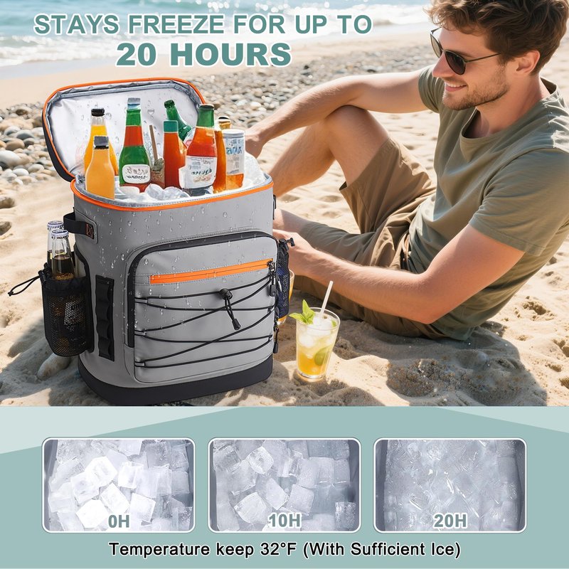 YOUNGOA Large 52cans Cooler Backpack, Insulated, Waterproof, Leak Proof, 30L Large Capacity (Grey)