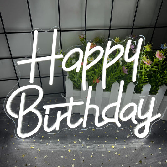 Happy Birthday Neon Signs for Party Decor Dimmable LED Birthday Neon Light for Wall Decor Light Up Happy Birthday Led Signs for Backdrop Birthday Any Ages Bday Celebration Decoration, White