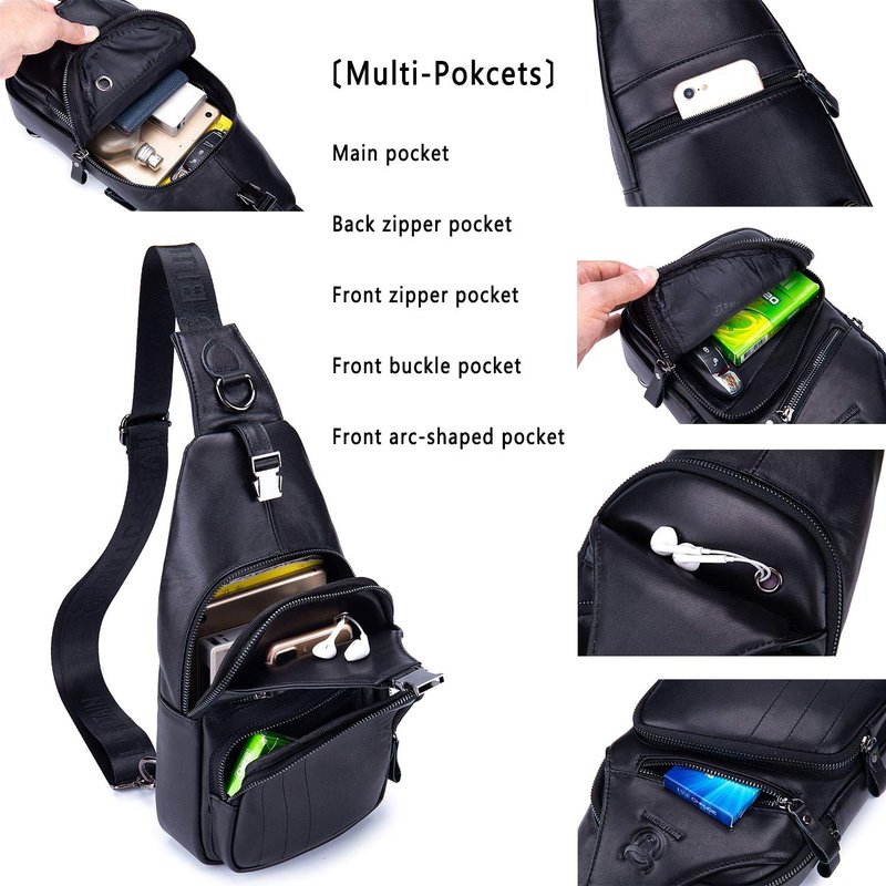 Cross body Bags for Men Leather Sling Bag Casual Daypacks Chest Bags Shoulder Bag Travel Hiking Backpacks (Black)