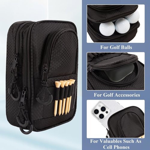 Golf Ball Bag Valuables Pouch,Golf Tee Bag Pouch Accessories with Detachable Carabiner Large Capacity Multiple Compartments can Store 12-15 Balls,Tees,Gloves,Mobile Phone and Keys,Black