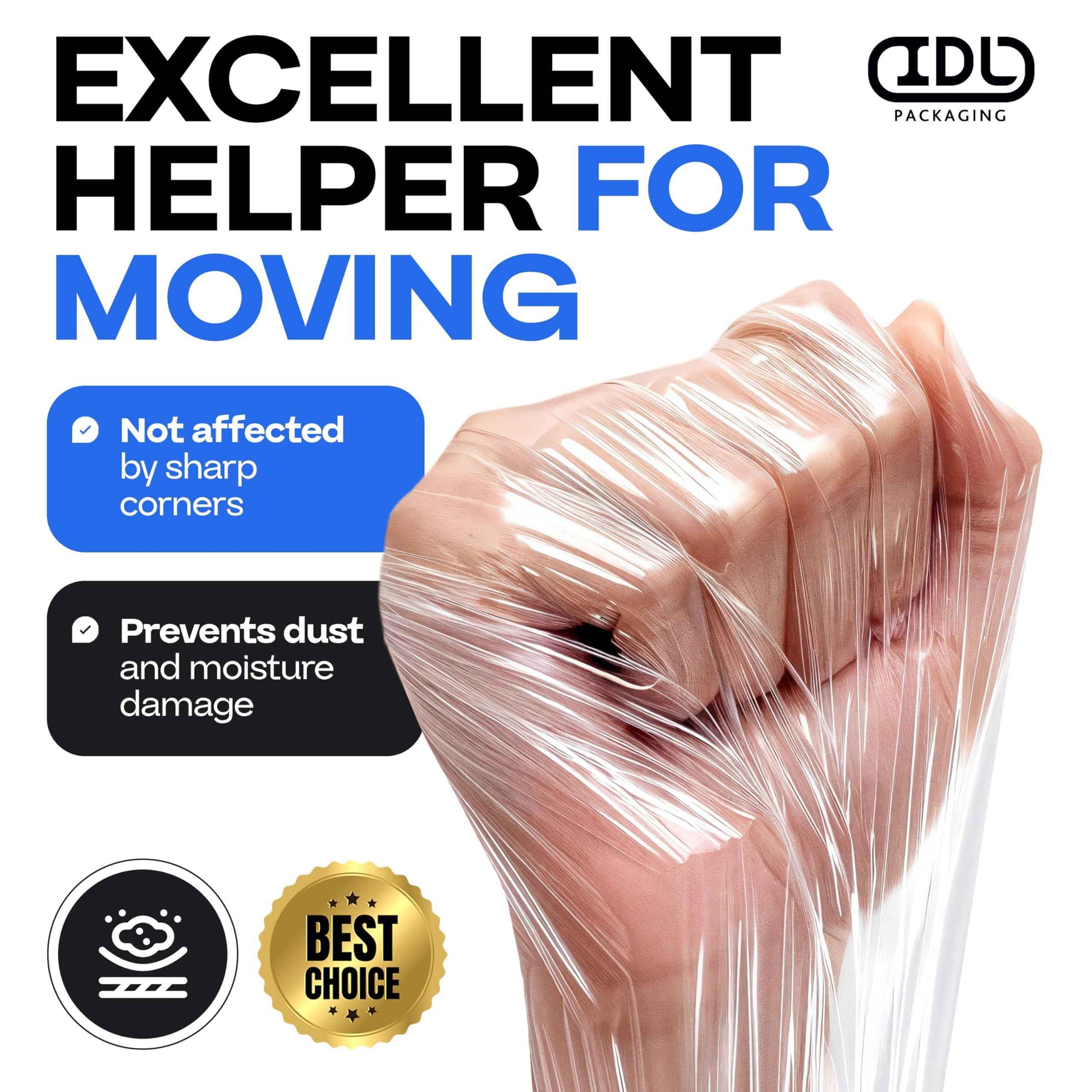 IDL Packaging 3"x 1000' Stretch Wrap Mini Roll of 80 Gauge (4 Rolls) with Plastic Handle - Extra Sticky Clear Plastic Wrap Film - Great for Moving and Office Needs - Self-Adhesive Wrap Packaging