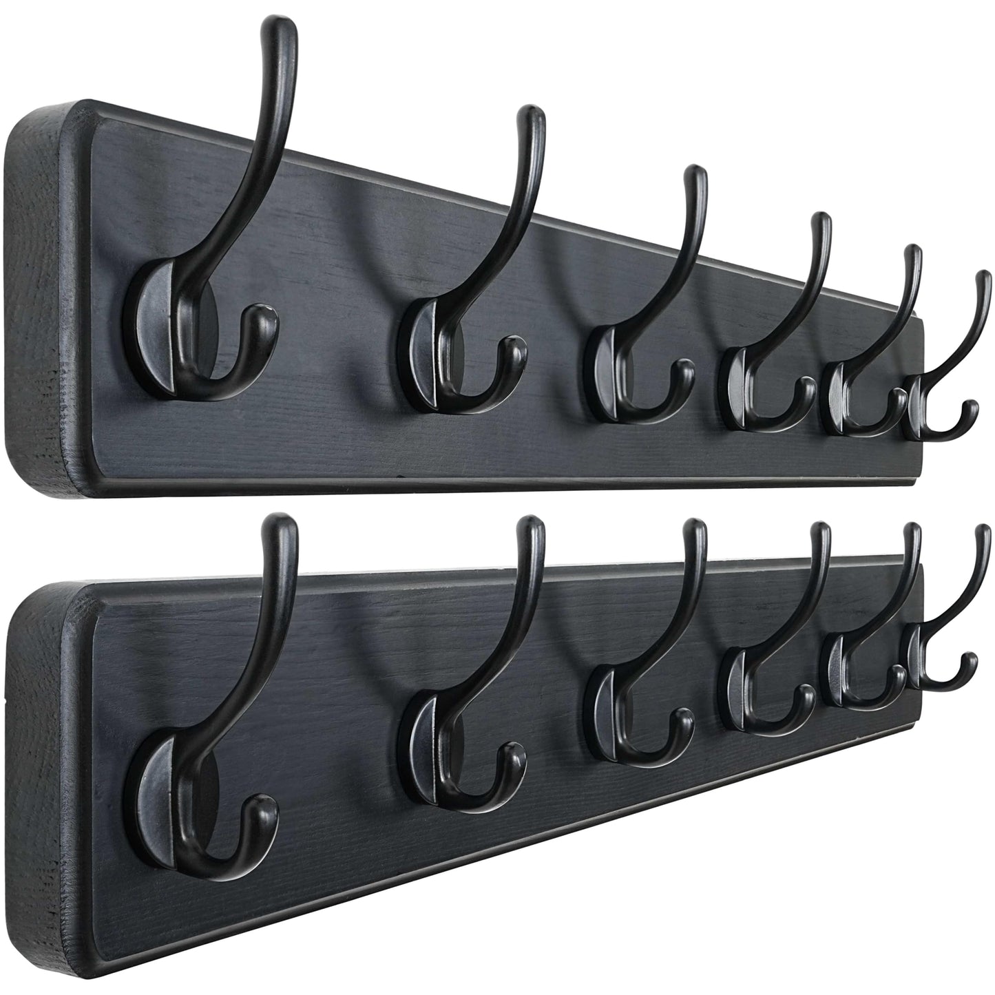 Dseap Wall Mounted Coat Rack: 24" Long, Patented, Heavy-Duty, 6-Double-Hooks Wooden Hanger Rail for Winter Coats, Hat, Jacket, Clothing - Black, Pack of 2