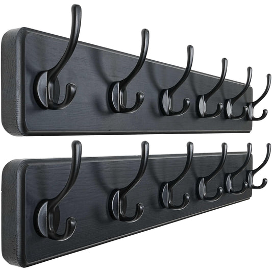 Dseap Wall Mounted Coat Rack: 24" Long, Patented, Heavy-Duty, 6-Double-Hooks Wooden Hanger Rail for Winter Coats, Hat, Jacket, Clothing - Black, Pack of 2