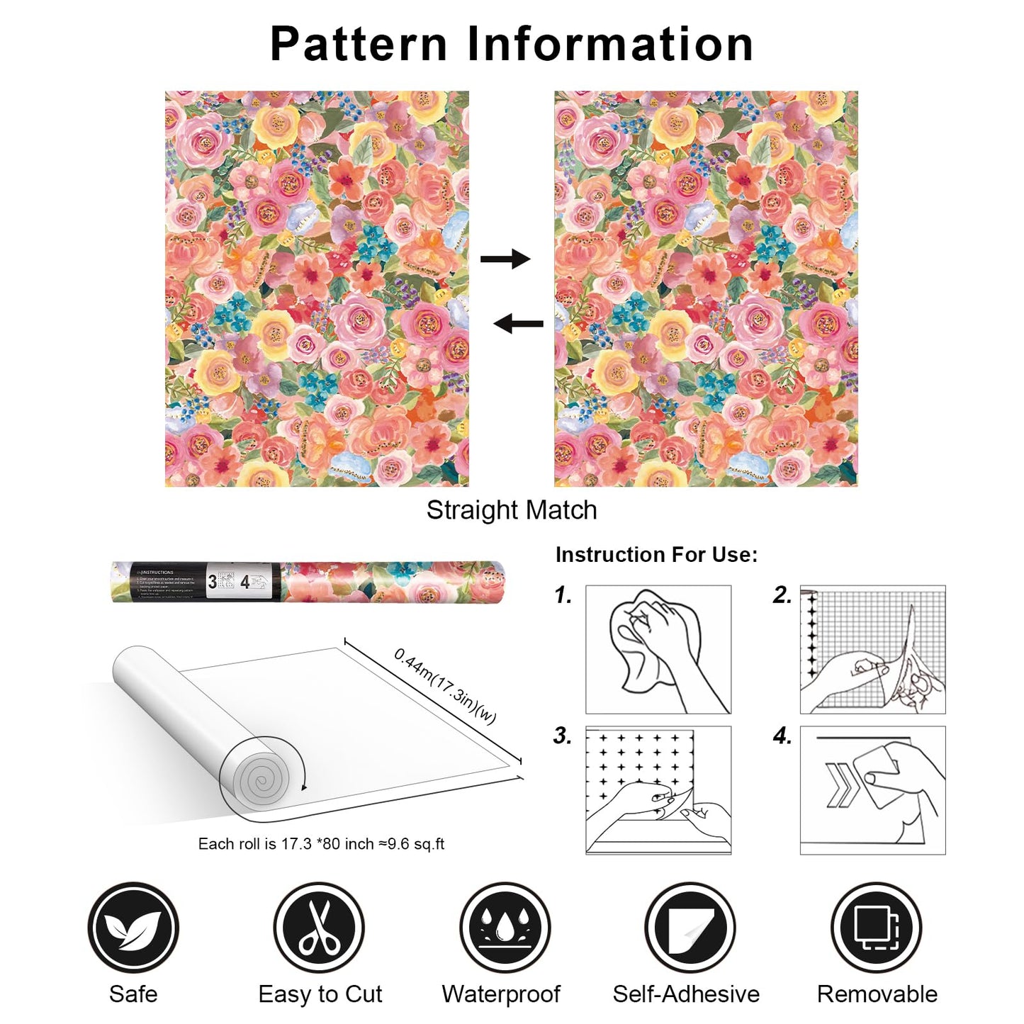 Simon&Siff Floral Peel and Stick Wallpaper 17.3"x80" Pink Watercolor Flowers Wall Murals Removable Wall Paper for Bedroom Bathroom Cabinet Renter Friendly