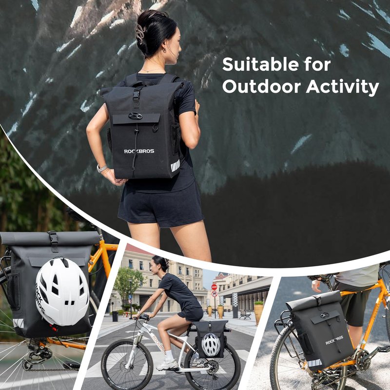 ROCKBROS Bike Panniers 18L Capacity Waterproof Bike Rack Bag Detachable Shoulder Straps with Helmet Fixing Buckle Rear Bike Rack Bag for Cycling Traveling Backpacking