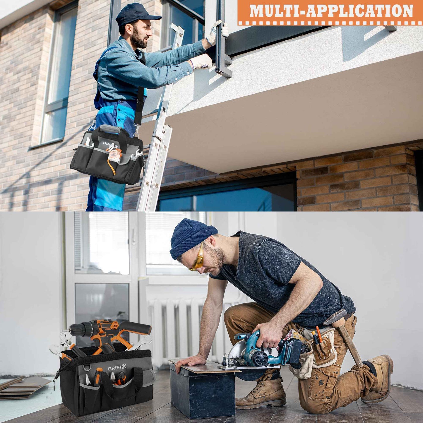 GRIFIX 14-inch Tool Bag, Portable Tool Box Organizer Storage, Wide Mouth Tool Tote Bag with Large Zipper, 14-Pocket Adjustable Shoulder Strap and Ergonomic Handle (14" Standard Base)