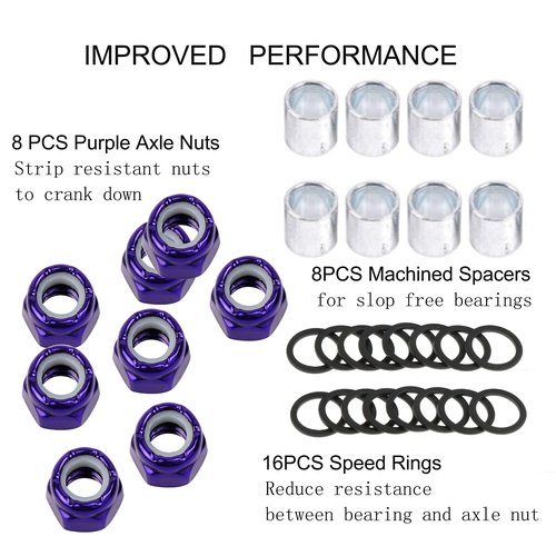 8 Pieces Skateboard Truck Color Nuts and 16 Pieces Skateboard Truck Axle Washers and 8pcs Precision Spacers for Longboards and Skateboard Hardware Kit (Purple Nuts)