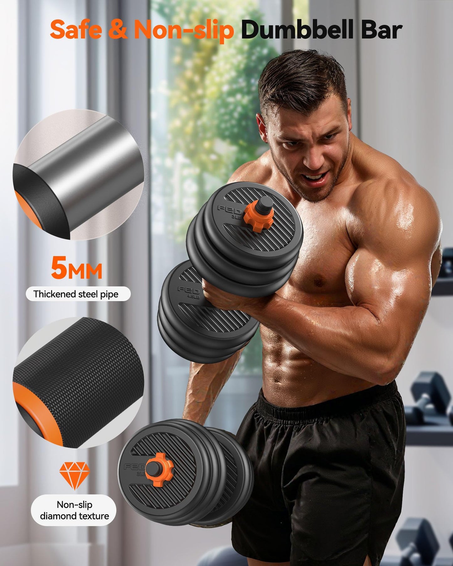 FEIERDUN Adjustable Dumbbells, 45lbs Free Weight Set with Connector, 4 in1 Dumbbells Set Used as Barbell, Kettlebells, Push up Stand, Fitness Exercises for Home Gym Suitable Men/Women.