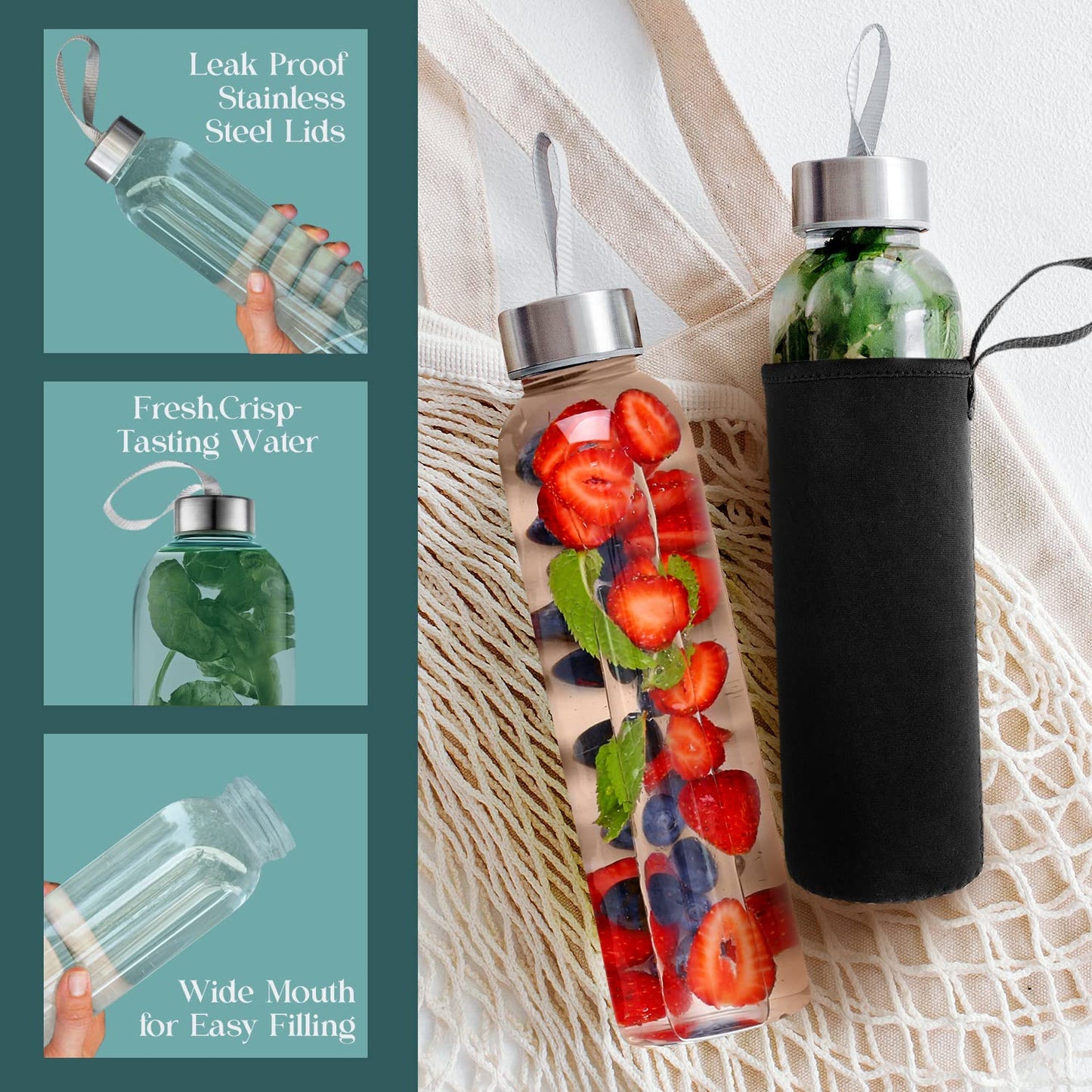 Kitchen Lux 16 Ounce Glass Water Bottles, Reusable Water Bottles with Airtight, Pack of 12, Stainless Steel Lids Carrying Strap And Nylon Water Bottle Protective Sleeves for Hot Or Cold Drinks