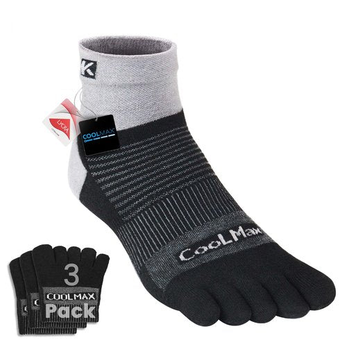 KWUKOTY Cushioned Compression Ankle Running Toe Socks COOLMAX, 3 Pairs Black Men's 10-13 Women's 11-14