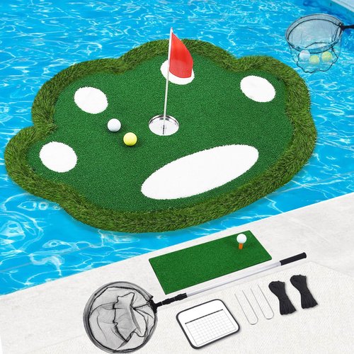 KEMLDIVS Floating Golf Green for Pool, Patented Pool Golf Game Floating Mat with Ball Retrieve Net/Scoreboard for Party & Training