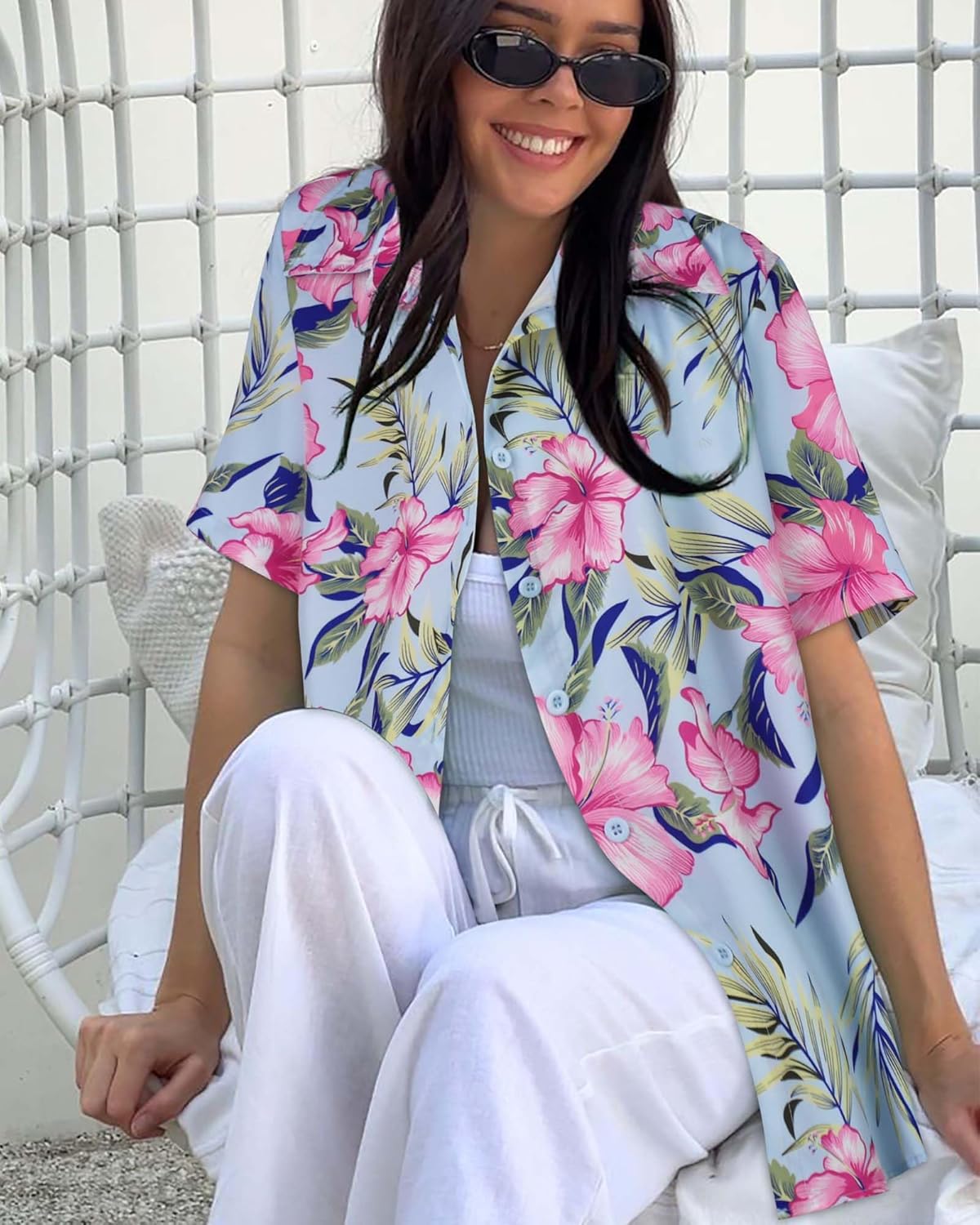 Skiennix Women's Hawaiian Shirt - Cool Summer Button Down V-Neck Blouse | Short Sleeve Beach Top
