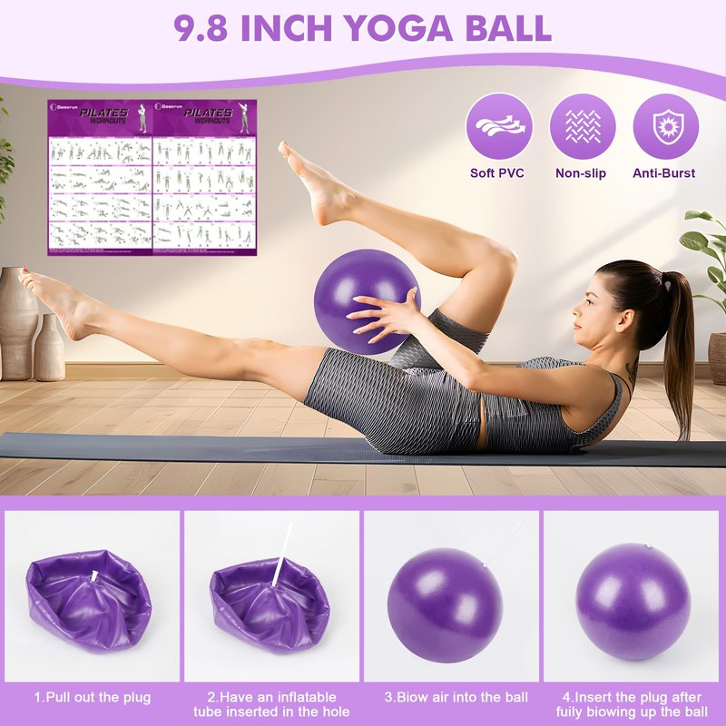 Goocrun Pilates Ring Set Exercise Equipment, with Exercise Resistance Bands Set, Pilates Ball, Sliding Disks. Portable Home Gym - with Fitness Guide Poster (Purple)