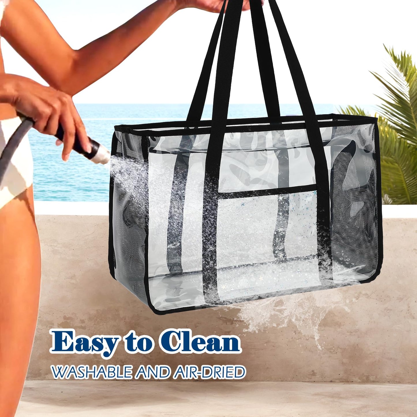 Fammart Clear Beach Bag for Women, Large Pool Tote Cruise Vacation Essentials - Zipper Closure, Waterproof, Sandproof
