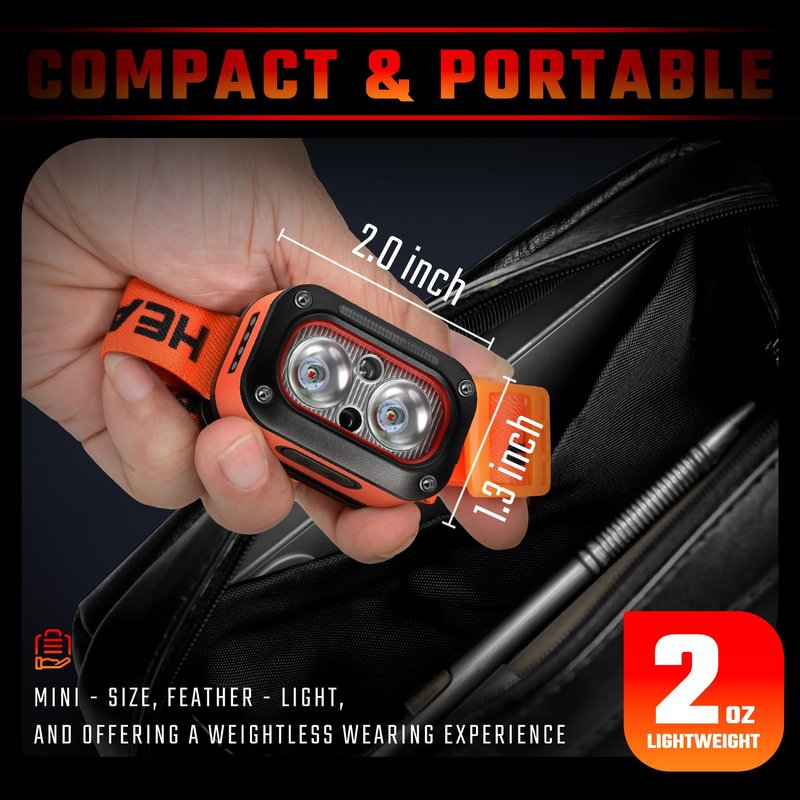 DARKBEAM Red LED Headlamp Dual Light High Lumens USB Rechargeable Redlight Headlight for Hardhat with Motion Sensor, Up/Down Adjustable, Waterproof Head Lamps for Camping, Fishing, Hunting