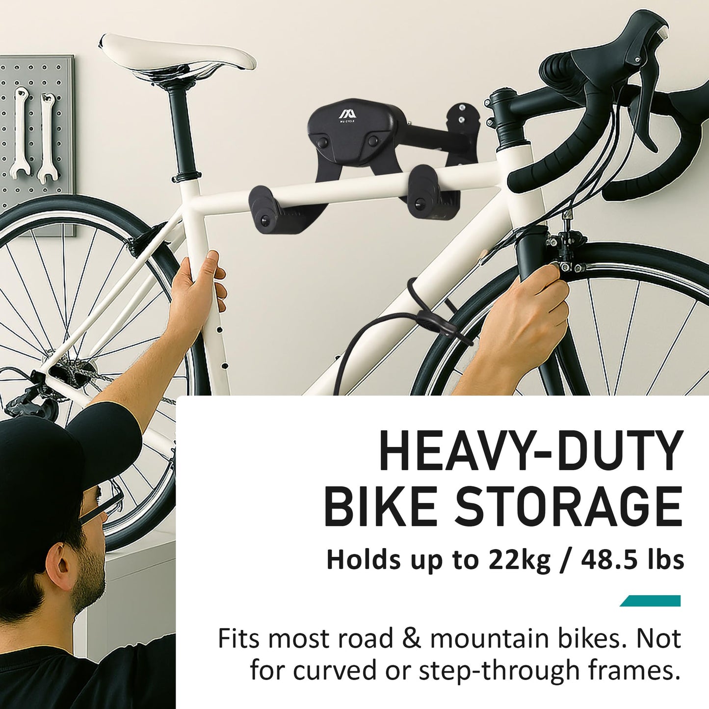 MU CYCLE Buffalo Bike Wall Mount Rack – Adjustable Heavy-Duty Horizontal Indoor Hanger for Road, Mountain & Hybrid Bikes up to 48.5 lbs / 22 kg, Space-Saving Garage & Apartment Storage
