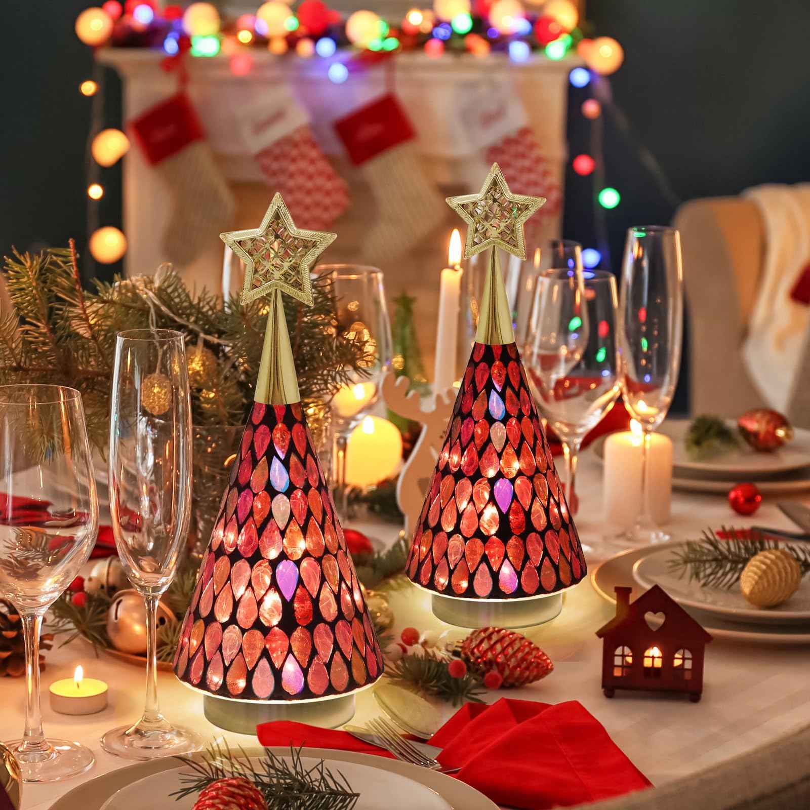 Small Red Glass Christmas Trees, 3 PCS Handmade Mosaic Glass Table top Christmas Trees with Light, Battery Operated Xmas Tree for Bedroom Decor 11"