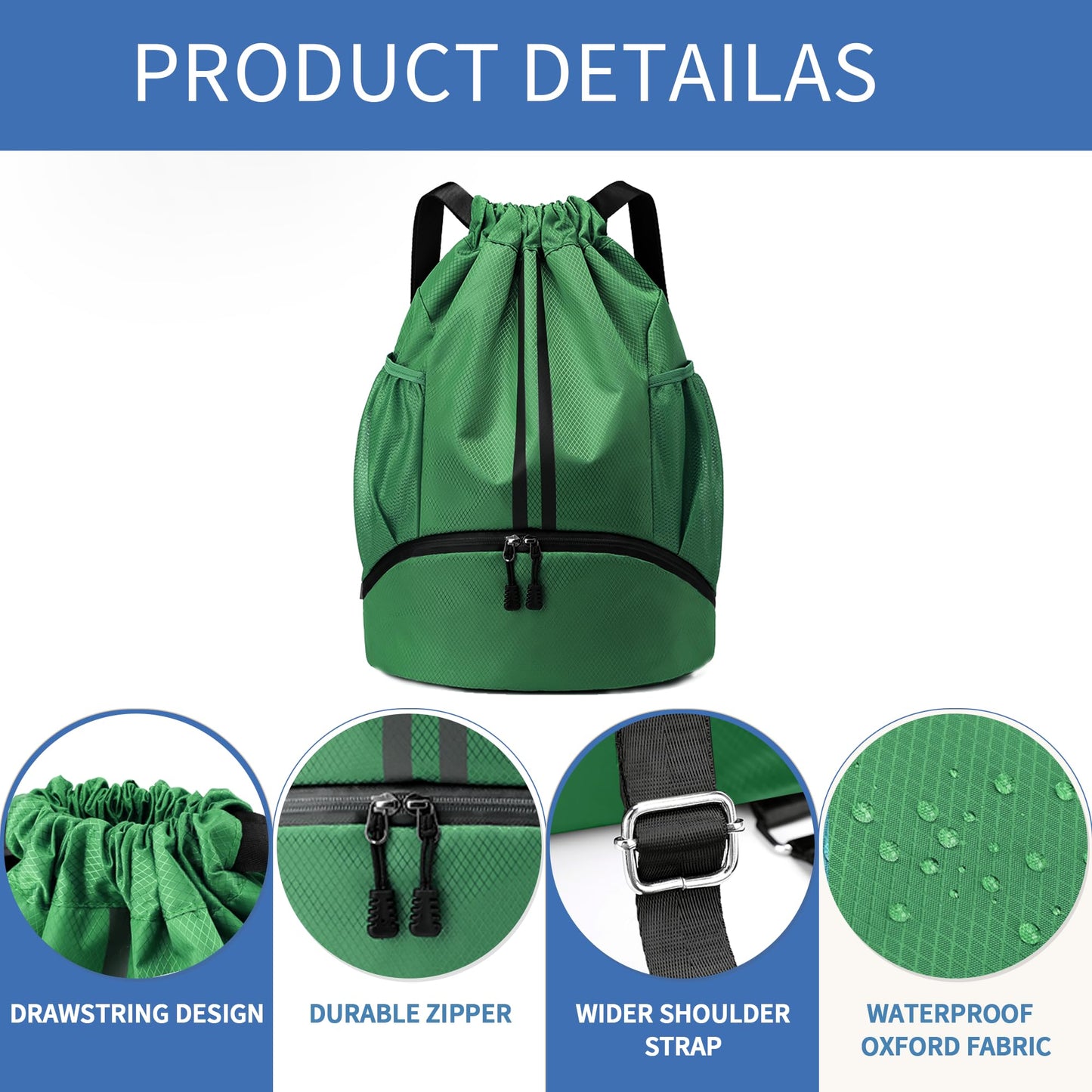 JELUTAR Drawstring Backpack Gym Bag with Shoes Compartment for Soccer, Basketball, Swim, Water-Resistant String Backpack Beach Cinch for Women Men, Dark Green