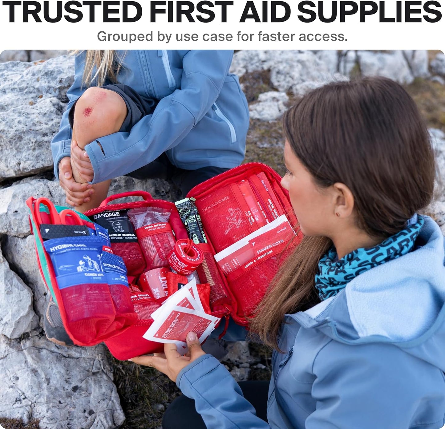 SurviveX Large First Aid Kit - Essential Emergency Kit for Car, Travel, Hiking & Camping - Includes Zip Stitch Wound Closure Strips